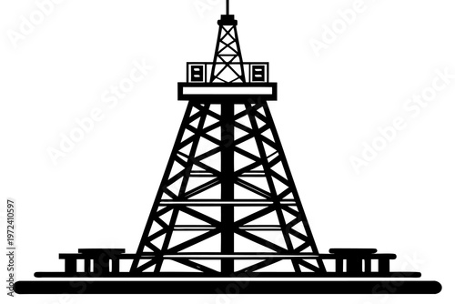 Oil drilling derrick tower standing on flat platform