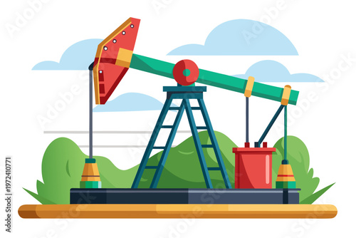 Oil pump jack operating in green field with clouds