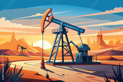 Oil pump jack pumping at sunset desert landscape scene