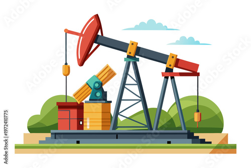 Oil pump jack operating in grassy industrial site platform
