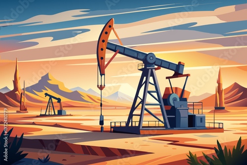 Oil pump jack extracting oil in arid sunset plain environment