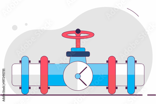 Horizontal pipeline with pressure gauge and red valve on neutral background