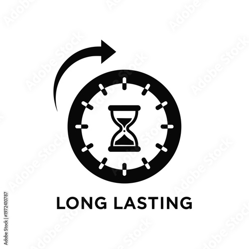 A black circular icon displays an hourglass within a clock face accompanied by an arrow and text