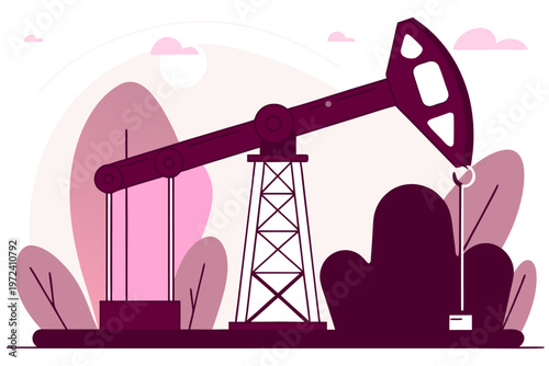 Oil pumpjack idle at dusk near shrub covered ground