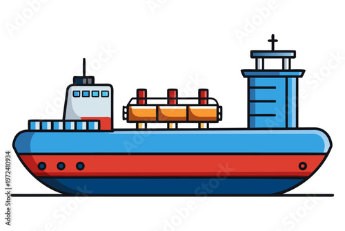 Illustrated tanker ship moored with superstructure visible