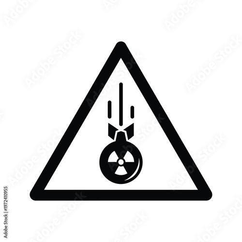 A black and yellow triangular warning sign depicts a falling bomb with a radioactive hazard symbol high quality professional