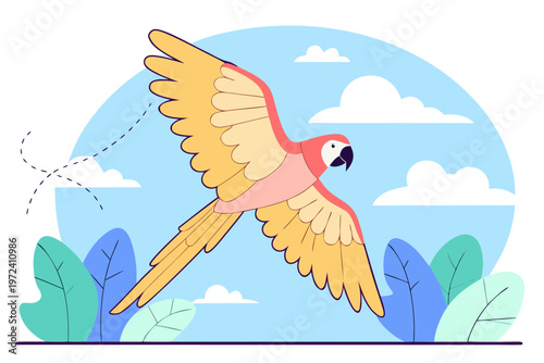 Pale parrot gliding across blue sky with leafy foreground