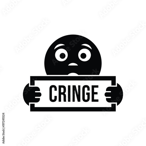 A black circular face displays a pained expression while holding a sign reading cringe with hands