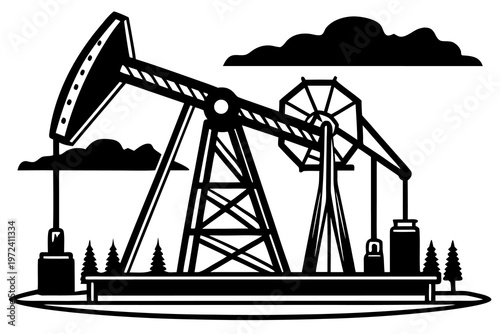 Oil derrick pump jack near forested hills with clouds industrial