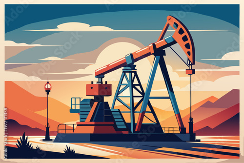 Oil pumpjack operating near hillside with sunset sky