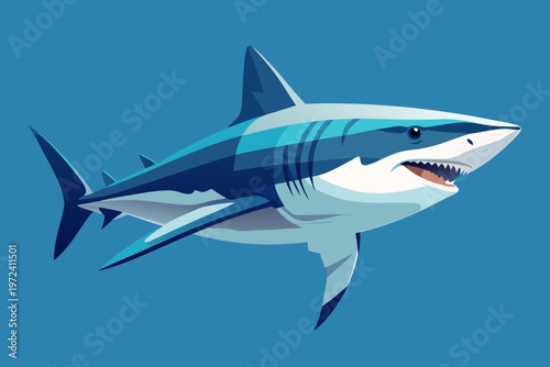 Realistic stylized shark swimming across solid blue background