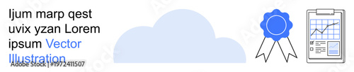 Cloud technology, data management, optimization, professional recognition, analytics, performance tracking. Minimalist cloud icon, award badge clipboard with analytics. Cloud technology and data