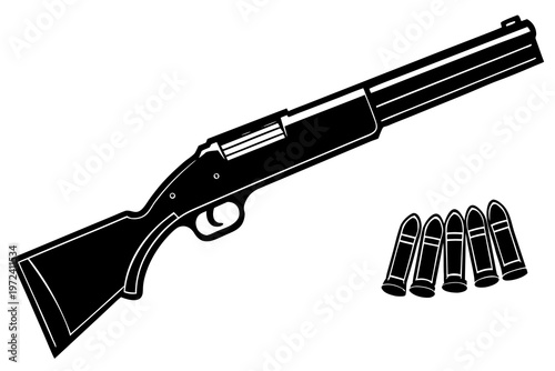 Pump action shotgun with shells displayed on white background