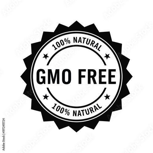 A black circular badge displays gmo free text surrounded by stars and repeating natural claims high quality