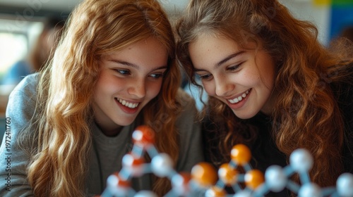 Two red-haired students smile cheerfully at a molecular model in the classroom, creating an atmospheric backdrop for the sciences.