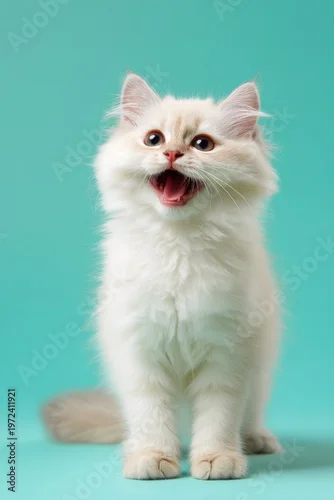 Naklejka Cheerful cream kitten on teal background standing and meowing with bright eyes fluffy fur and curious expression
