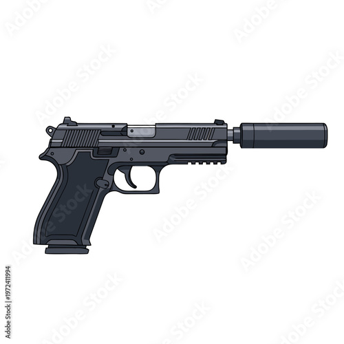Handgun with suppressor side view on white background