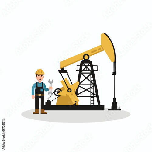 Oil worker standing beside pumpjack on drilling site