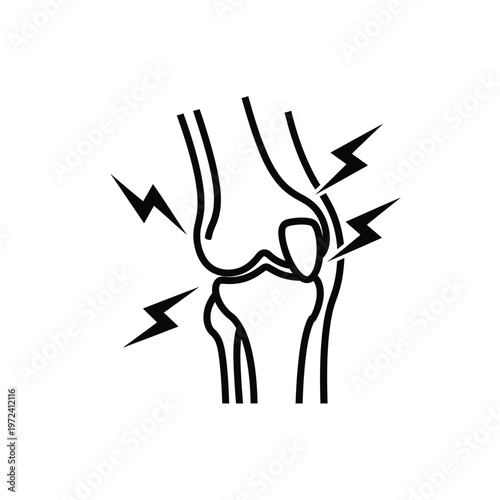 A simple black and white line drawing depicts a painful knee joint injury with radiating shockwaves