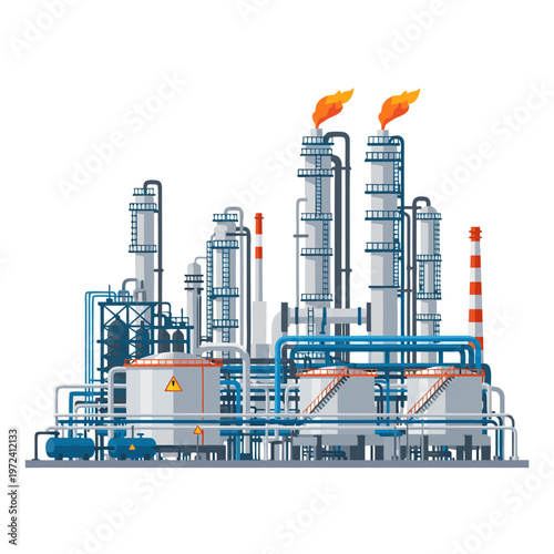 Refinery towers emitting flare gas at industrial complex