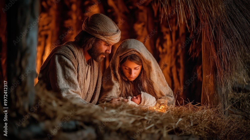 Fototapeta premium Joseph with Mary and baby Jesus in a stable under warm light. Peaceful nativity scene symbolizing faith, family, and the birth of Christ.