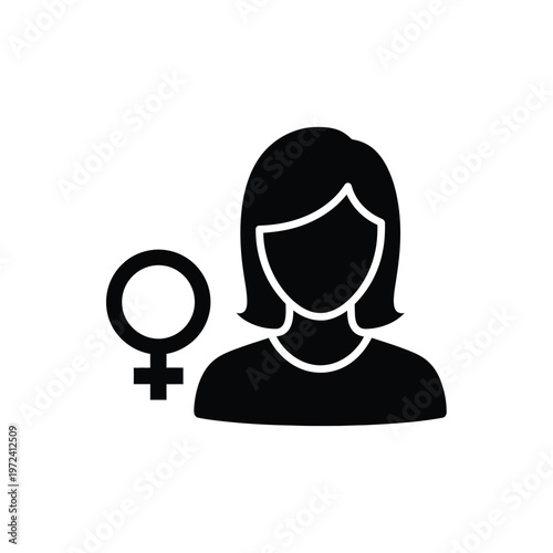 A simple black silhouette depicts a female figure alongside the classic symbol representing the female gender