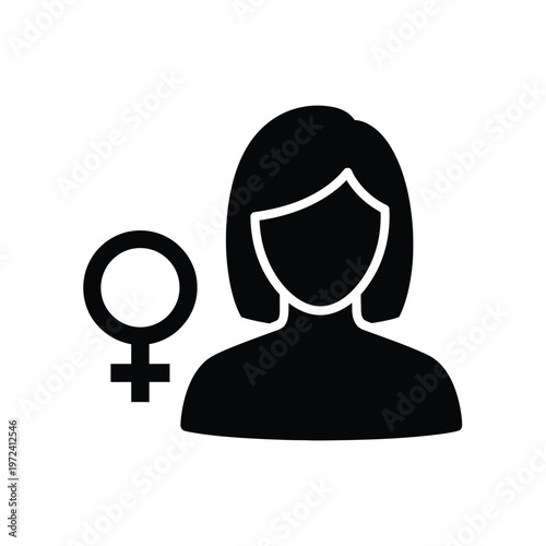 A simple black silhouette depicts a female person with short hair and the traditional venus symbol