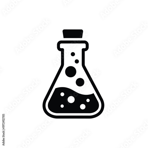 A simple black icon depicts a glass laboratory flask filled with a bubbling liquid and a cork