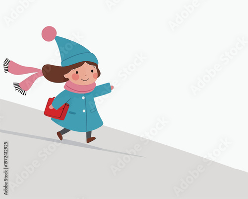 Child walks happily in winter clothing with a red bag in a snowy scene during a bright day
