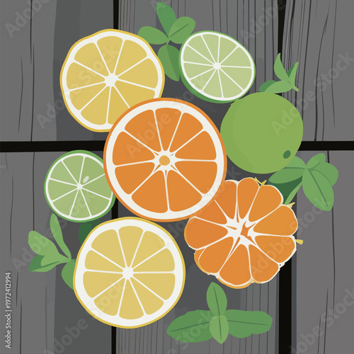 Lemons, limes, and oranges arranged on a wooden surface showing different types of citrus fruits and green leaves as decoration