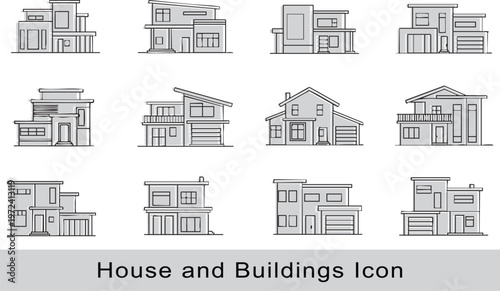 Modern House and Buildings Icon Set Minimalist Line Art Architecture Vector Design for Real Estate and Web