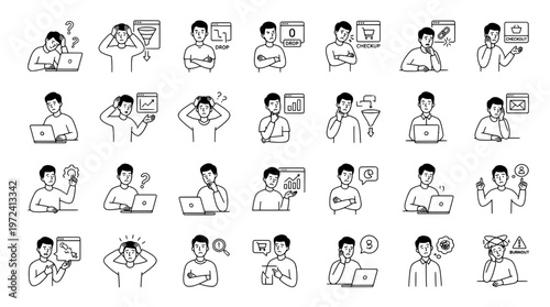 Set of human figures depicting various business and communication issues