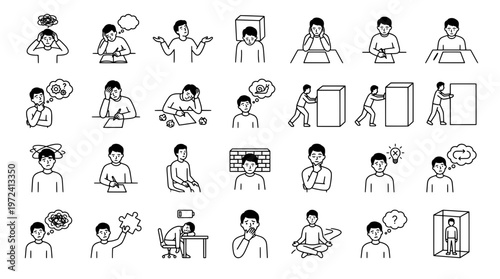 Set of various line art illustrations depicting human emotions and activities