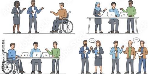 professional business people talking and working in groups featuring inclusive office team collaboration with disabled colleagues and multicultural entrepreneurs for corporate communication projects.
