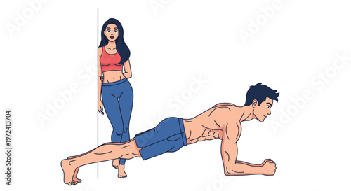 Man doing a plank exercise while a woman watches him, fitness and healthy lifestyle concept