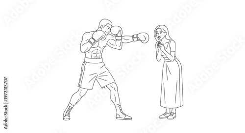 Male boxer in fighting stance throws a punch towards a shocked woman in a long dress, line art illustration