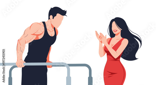 Muscular man performing parallel bar dips while a supportive woman in a red dress claps, encouraging his fitness workout.