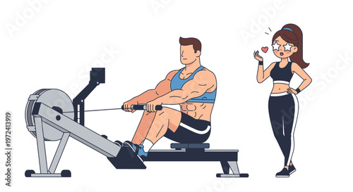 Muscular man rowing machine workout with woman watching and admiring him, healthy lifestyle concept