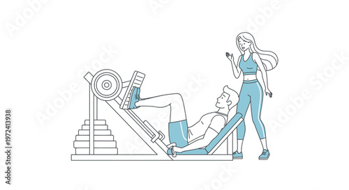 Man doing leg press exercise with a woman trainer spotting him in a gym, line art illustration