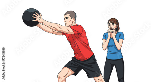 Man throwing a medicine ball during a fitness class with a woman watching and holding weights
