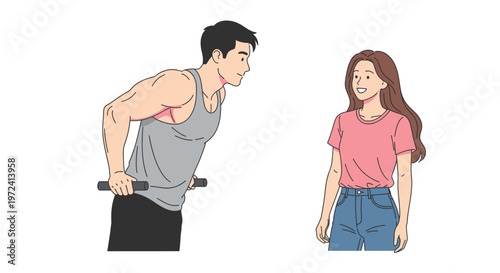 Muscular man performing dips on parallel bars, smiling at a woman who is watching him, illustrating fitness, workout, and gym partnership.