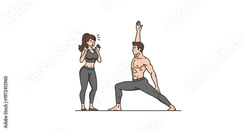 Couple practicing yoga warrior pose, woman taking photo with smartphone, healthy lifestyle, fitness, exercise, wellness