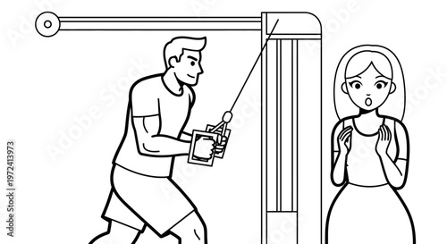 Man exercising on a cable machine while a surprised woman watches him in a gym, line art illustration