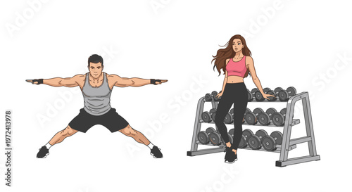 Fit man doing jumping jacks and woman posing near a rack of dumbbells in a gym setting