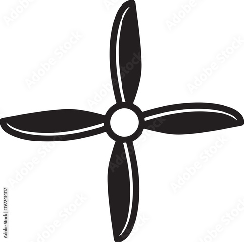 Fan blade, propeller icon, black silhouette, four leaf design, industrial symbol