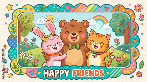 Smiling bear, rabbit, and cat friends play happily together outdoors