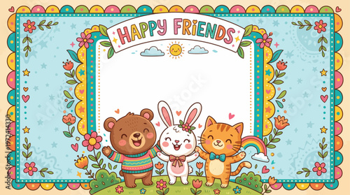 Smiling bear, rabbit, and cat friends stand together in a colorful frame