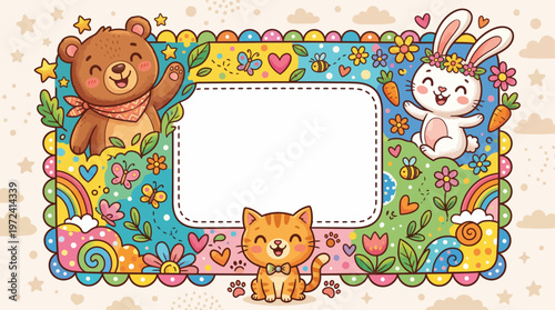 A cute frame with smiling bear, rabbit, and cat for kids' photos.