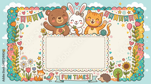 A cute frame featuring a smiling bear, rabbit, and cat in a garden