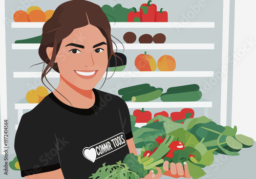Woman holding fresh vegetables inside a grocery store on a sunny day in early summer